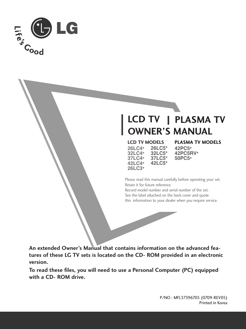 Lcd tv plasma tv owner’s manual | LG 50PC51 User Manual | Page 5 / 448