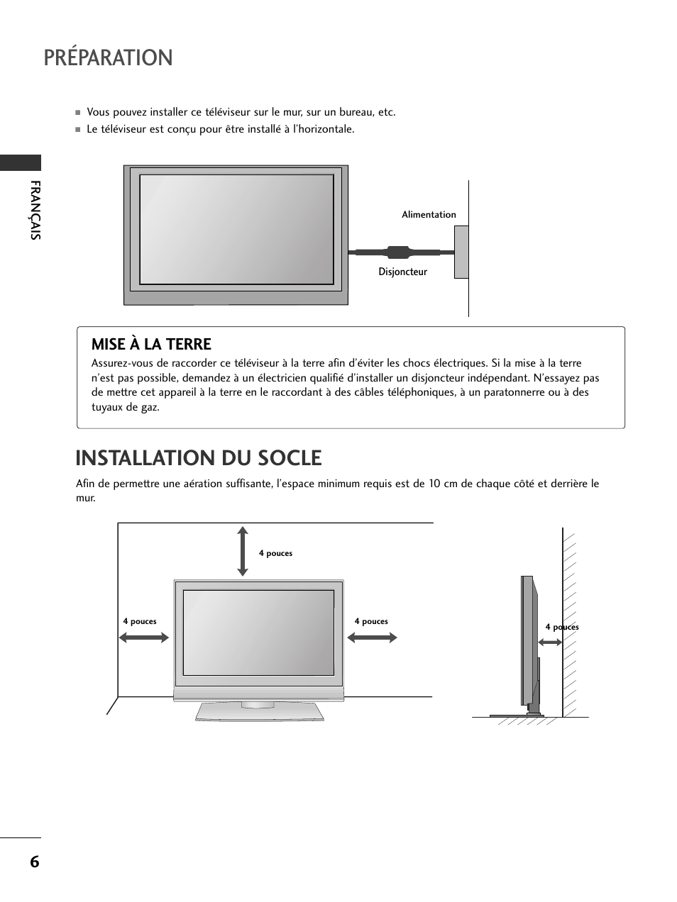 Préparation, Installation du socle, Mise à la terre | LG 50PC51 User Manual | Page 52 / 448
