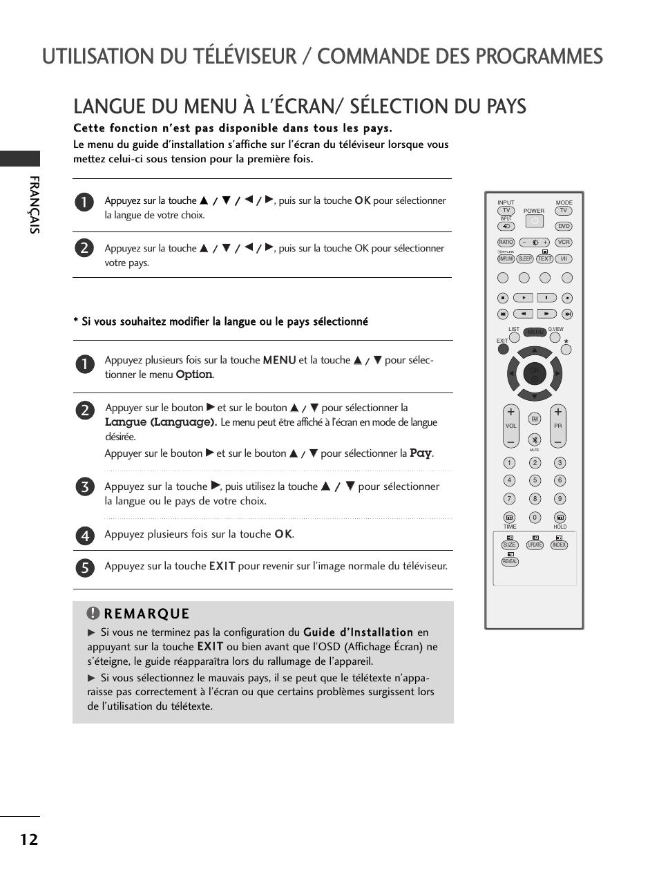 Langue du menu à l'écran/ sélection du pays, Fr ançais | LG 50PC51 User Manual | Page 58 / 448