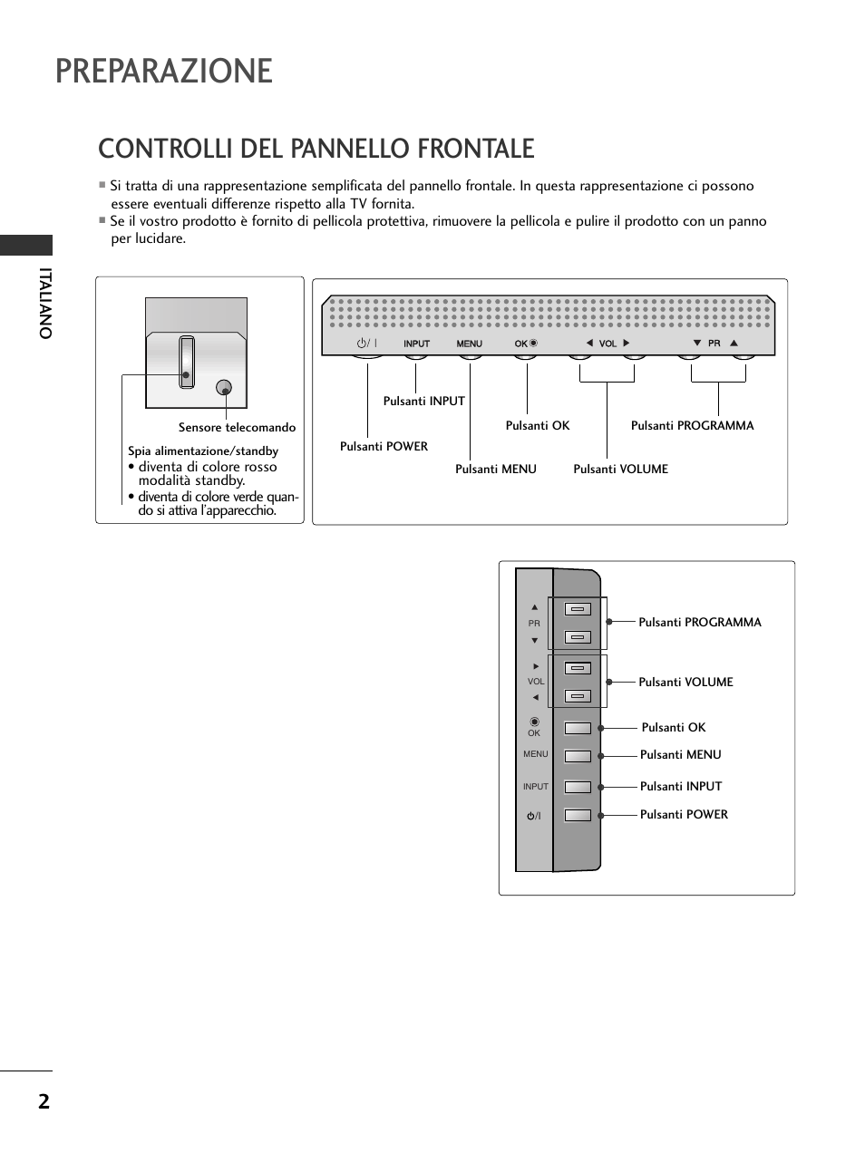 Preparazione, Controlli del pannello frontale, It aliano | LG 50PC51 User Manual | Page 68 / 448