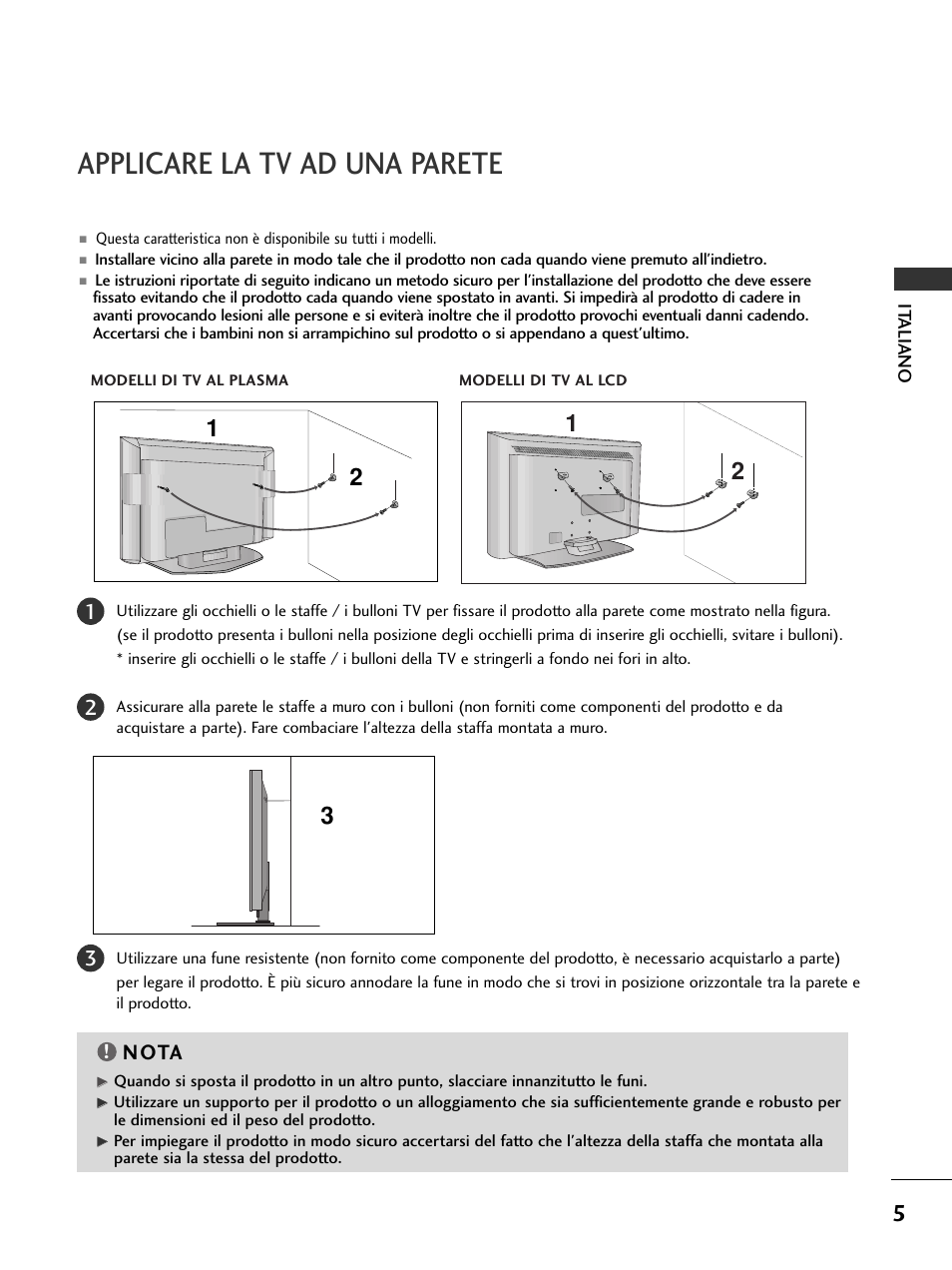 Applicare la tv ad una parete, N ota | LG 50PC51 User Manual | Page 71 / 448