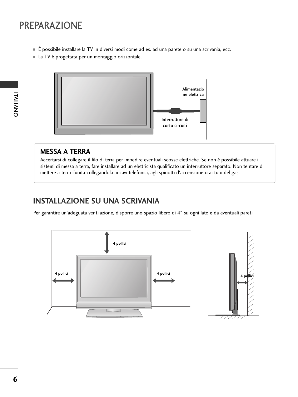 Preparazione, Installazione su una scrivania, Messa a terra | LG 50PC51 User Manual | Page 72 / 448