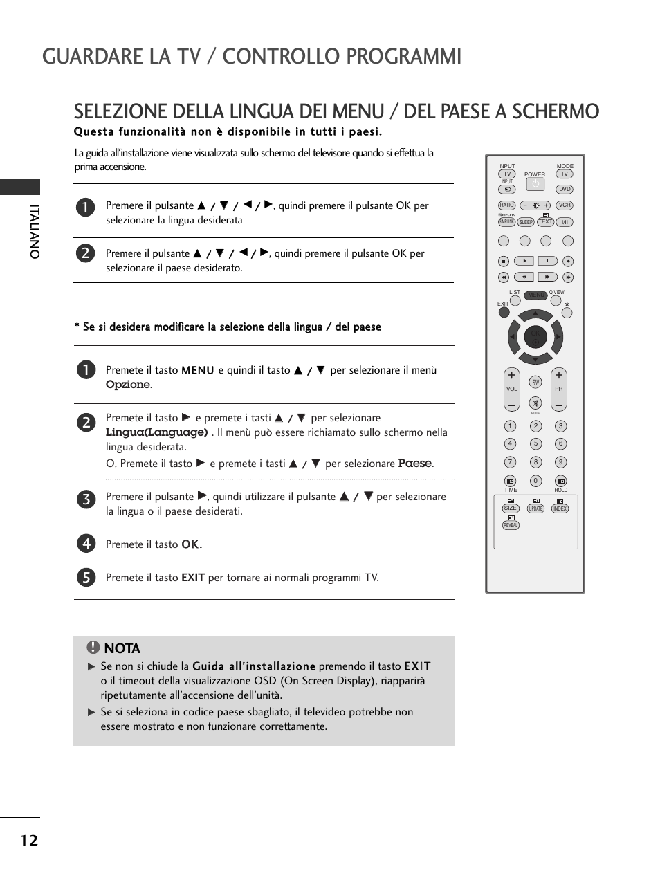 Guardare la tv / controllo programmi, Nota, It aliano | LG 50PC51 User Manual | Page 78 / 448