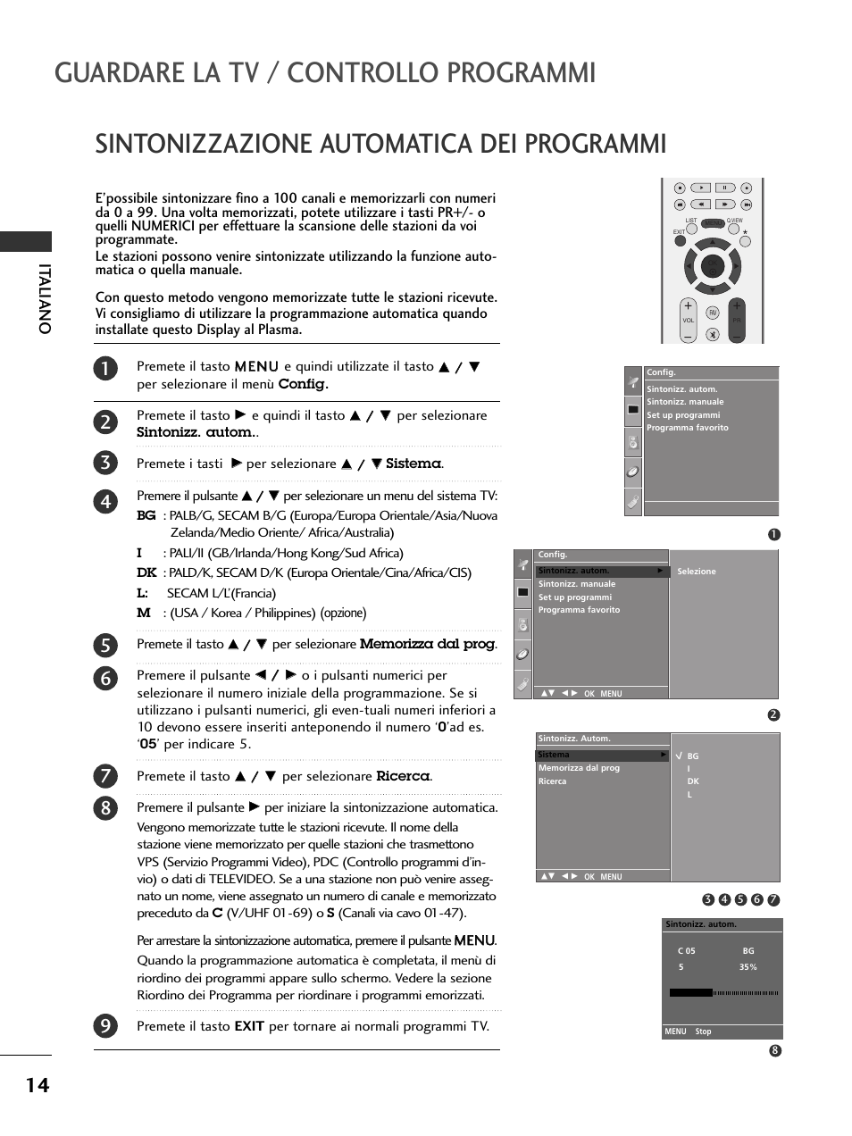 Guardare la tv / controllo programmi, Sintonizzazione automatica dei programmi, It aliano | LG 50PC51 User Manual | Page 80 / 448