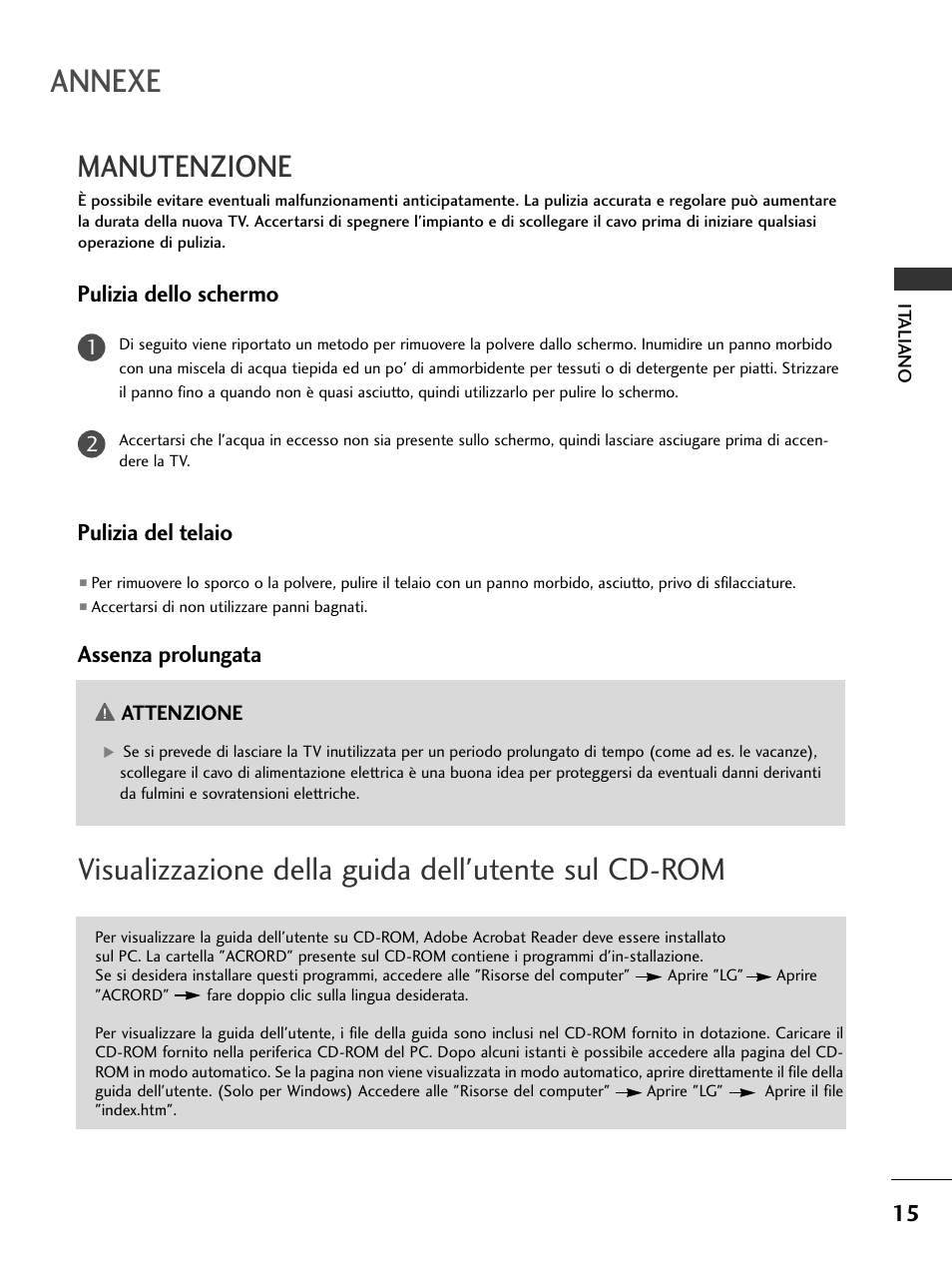 Annexe, Pulizia dello schermo, Pulizia del telaio | Assenza prolungata | LG 50PC51 User Manual | Page 81 / 448
