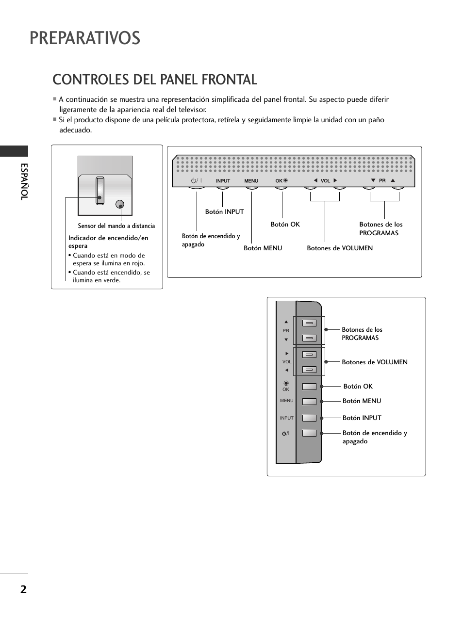 Preparativos, Controles del panel frontal, Esp añol | LG 50PC51 User Manual | Page 90 / 448