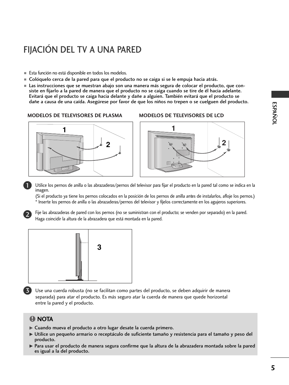 Fijación del tv a una pared, Nota | LG 50PC51 User Manual | Page 93 / 448