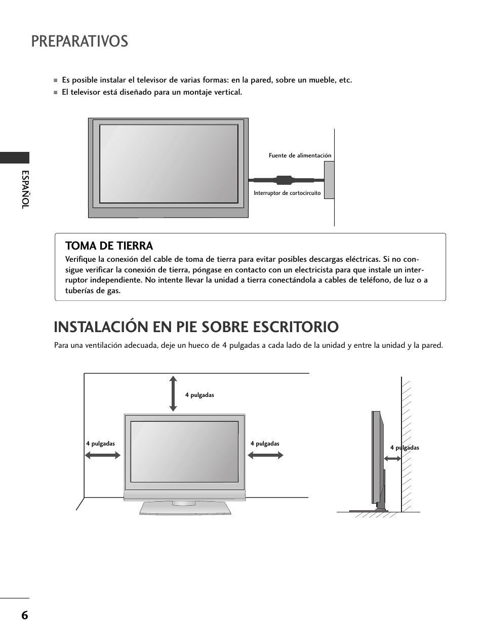 Preparativos, Instalación en pie sobre escritorio, Toma de tierra | LG 50PC51 User Manual | Page 94 / 448
