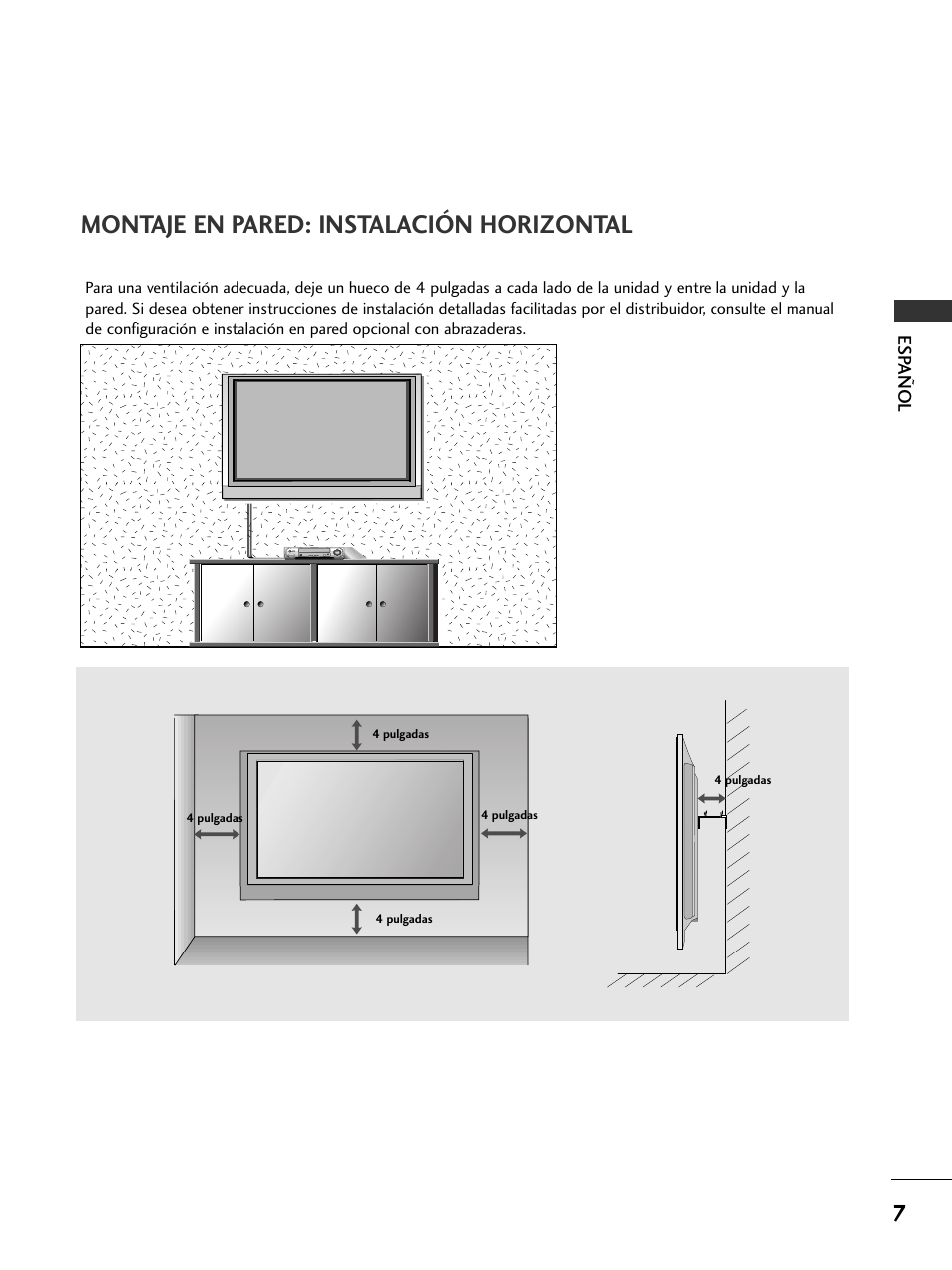 Montaje en pared: instalación horizontal | LG 50PC51 User Manual | Page 95 / 448