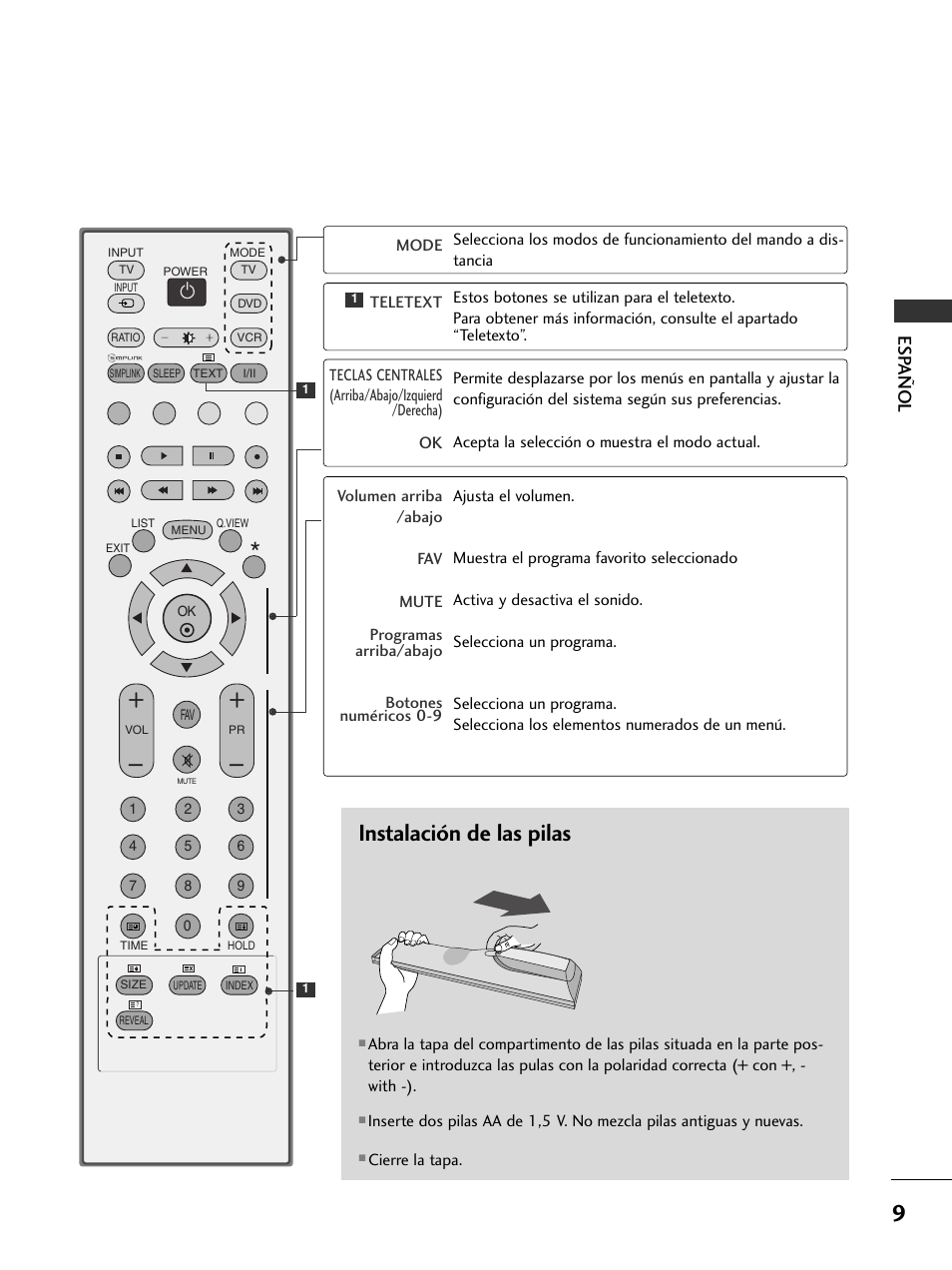 Instalación de las pilas, Esp añol | LG 50PC51 User Manual | Page 97 / 448