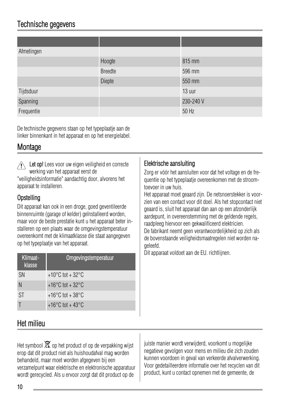 Technische gegevens, Montage, Het milieu | Zanussi ZQA12430DA User Manual | Page 10 / 44