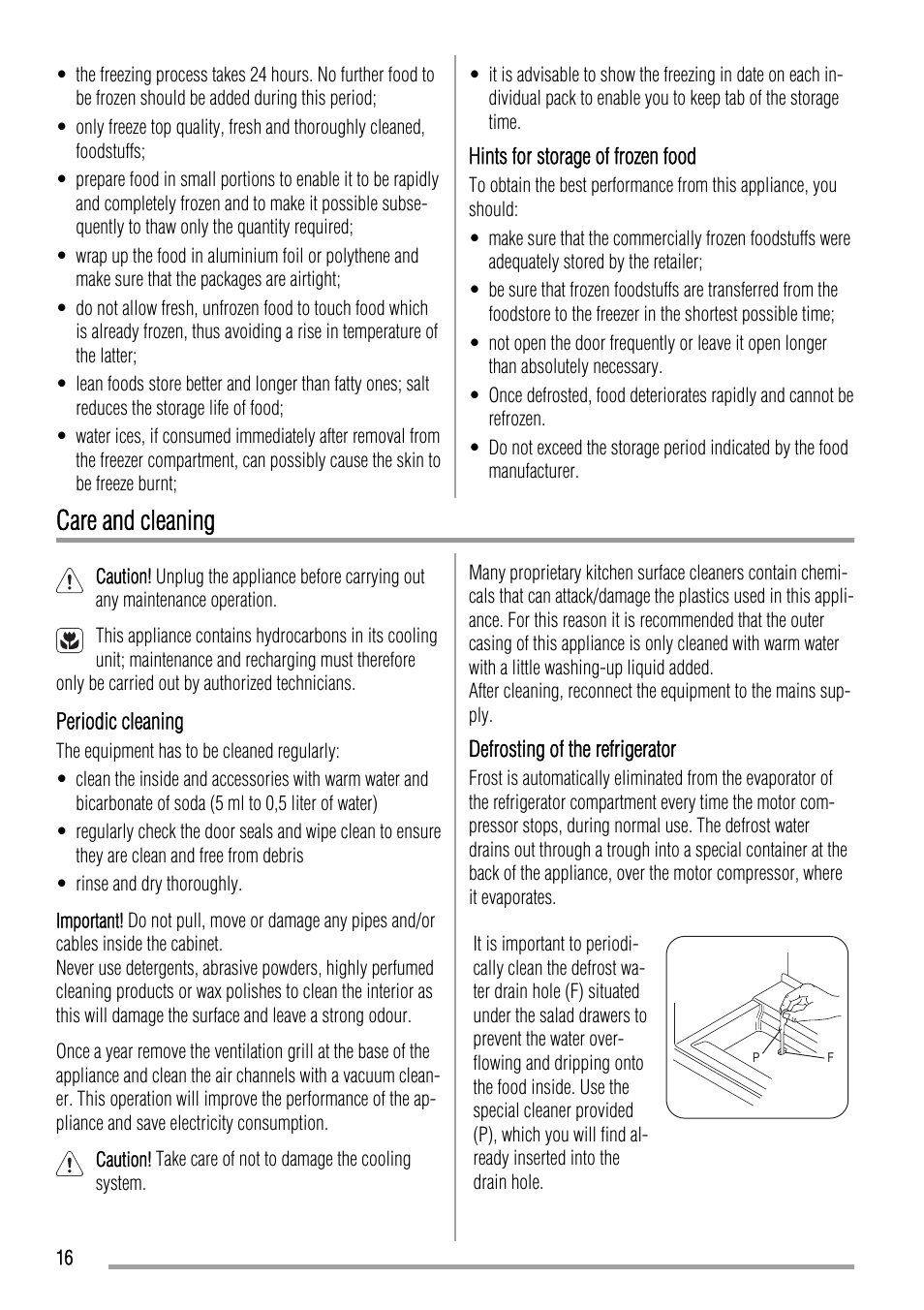 Care and cleaning | Zanussi ZQA12430DA User Manual | Page 16 / 44