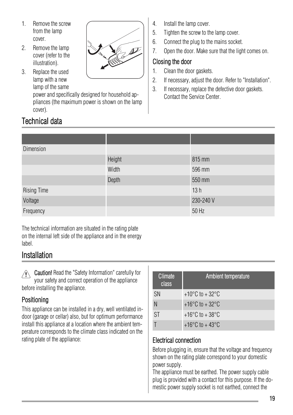 Technical data, Installation | Zanussi ZQA12430DA User Manual | Page 19 / 44