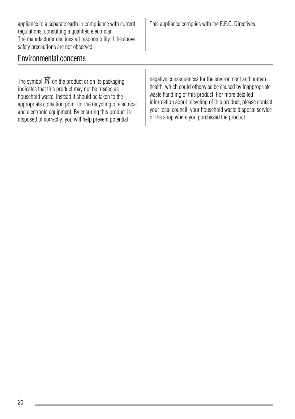 Environmental concerns | Zanussi ZQA12430DA User Manual | Page 20 / 44