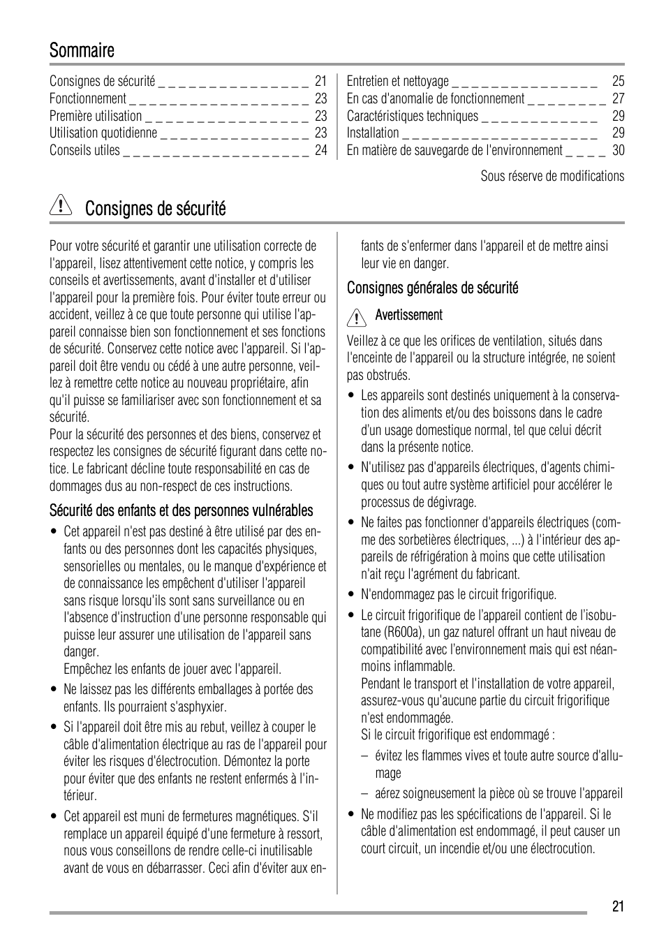 Sommaire, Consignes de sécurité | Zanussi ZQA12430DA User Manual | Page 21 / 44