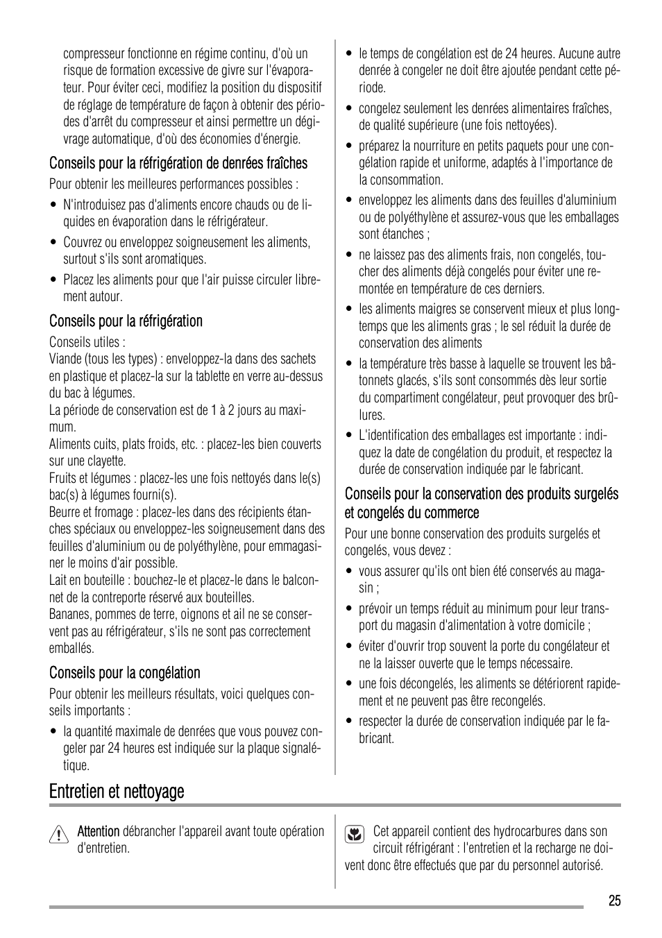 Entretien et nettoyage | Zanussi ZQA12430DA User Manual | Page 25 / 44