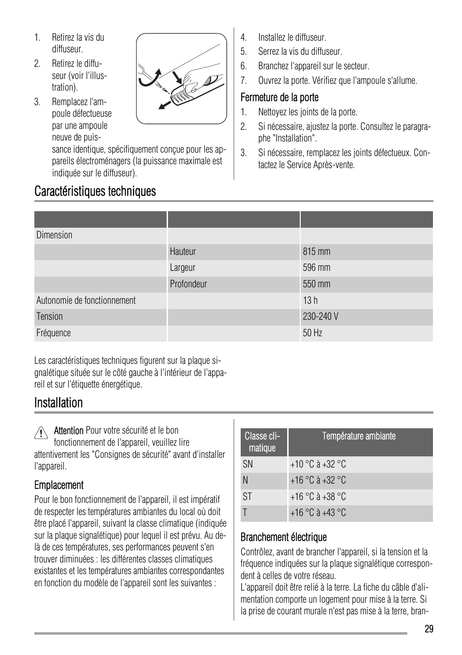 Caractéristiques techniques, Installation | Zanussi ZQA12430DA User Manual | Page 29 / 44