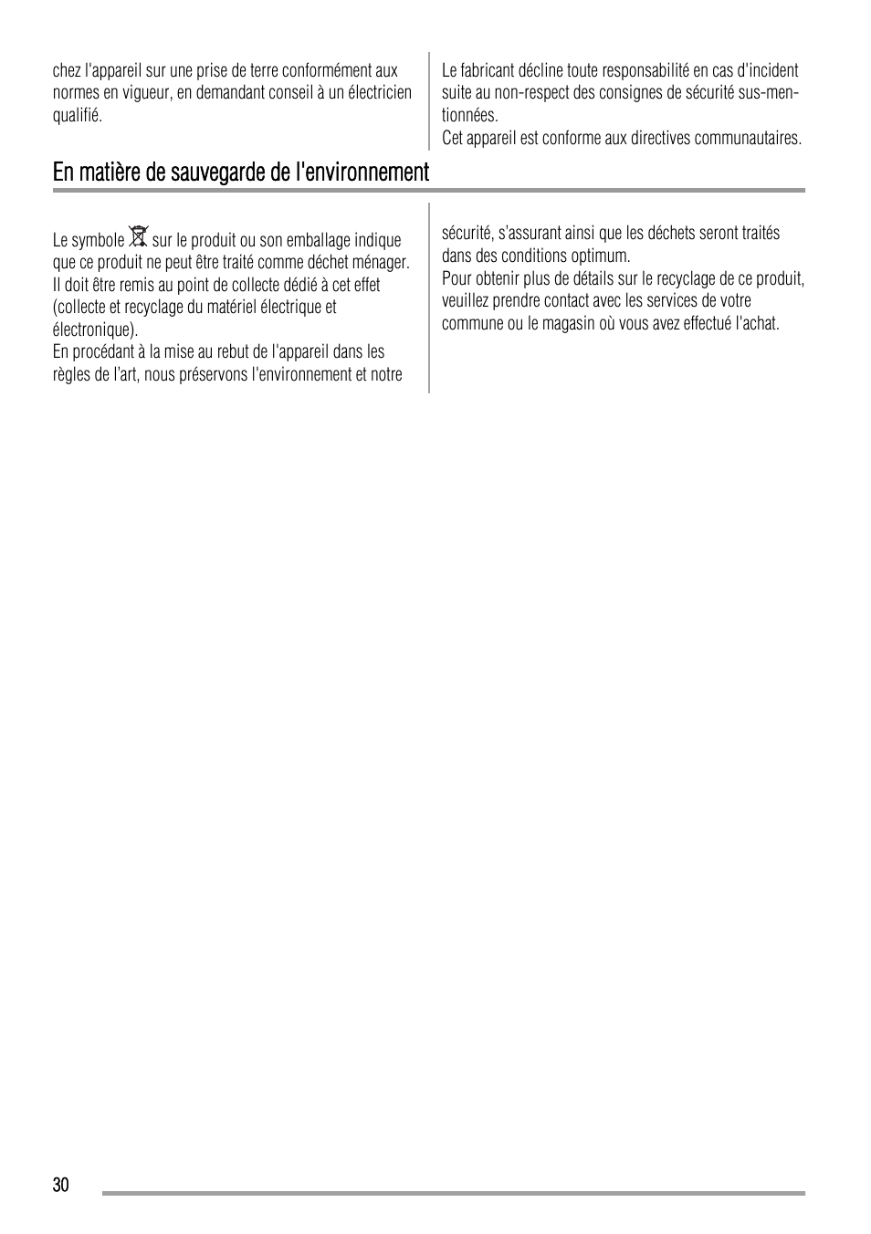 En matière de sauvegarde de l'environnement | Zanussi ZQA12430DA User Manual | Page 30 / 44