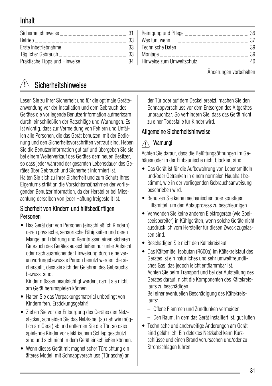 Inhalt, Sicherheitshinweise | Zanussi ZQA12430DA User Manual | Page 31 / 44