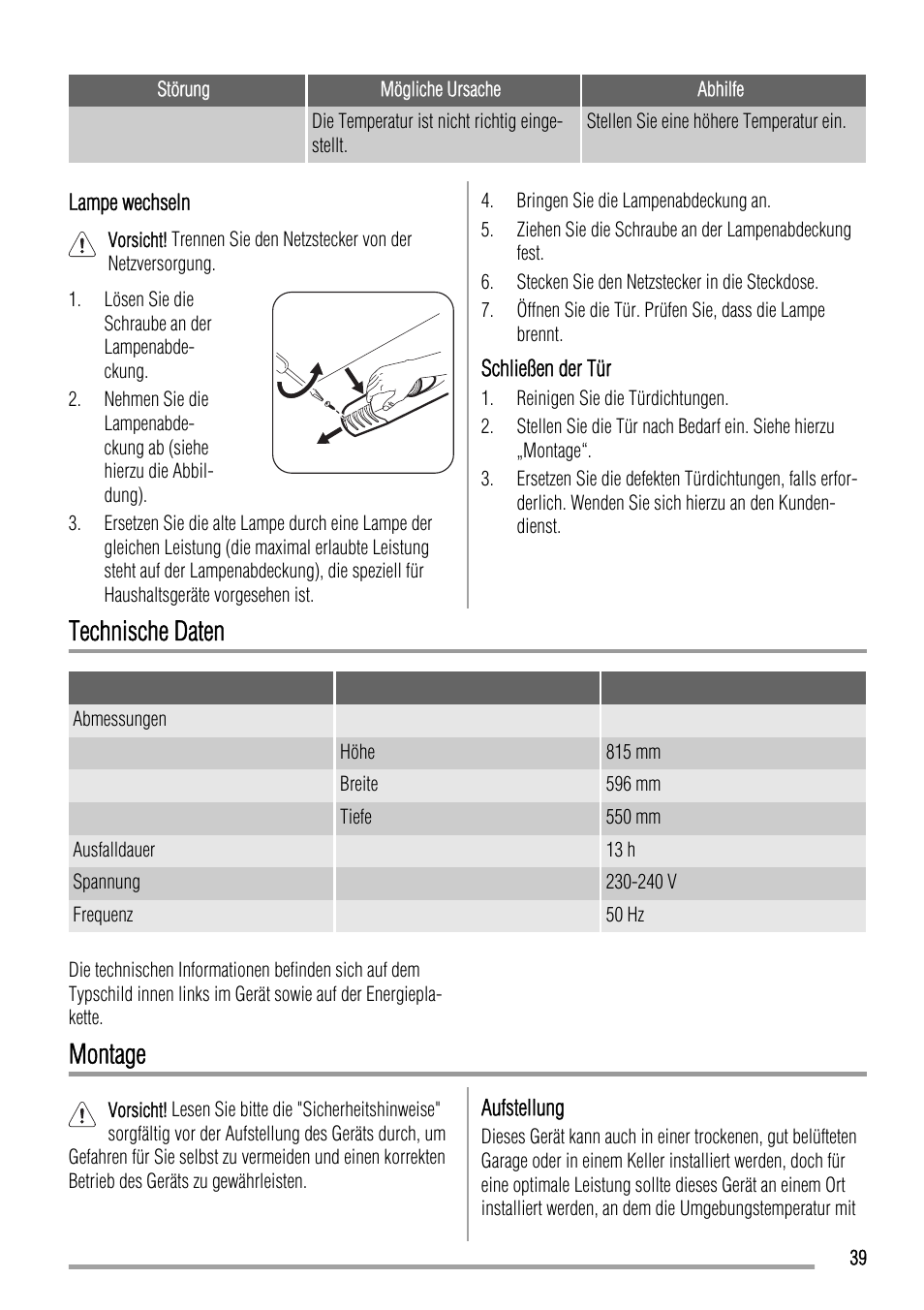 Technische daten, Montage | Zanussi ZQA12430DA User Manual | Page 39 / 44