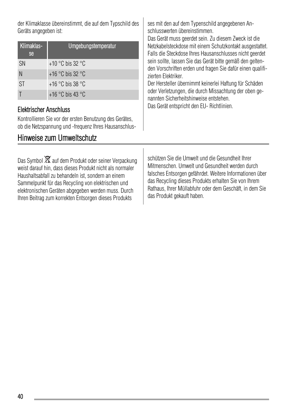 Hinweise zum umweltschutz | Zanussi ZQA12430DA User Manual | Page 40 / 44