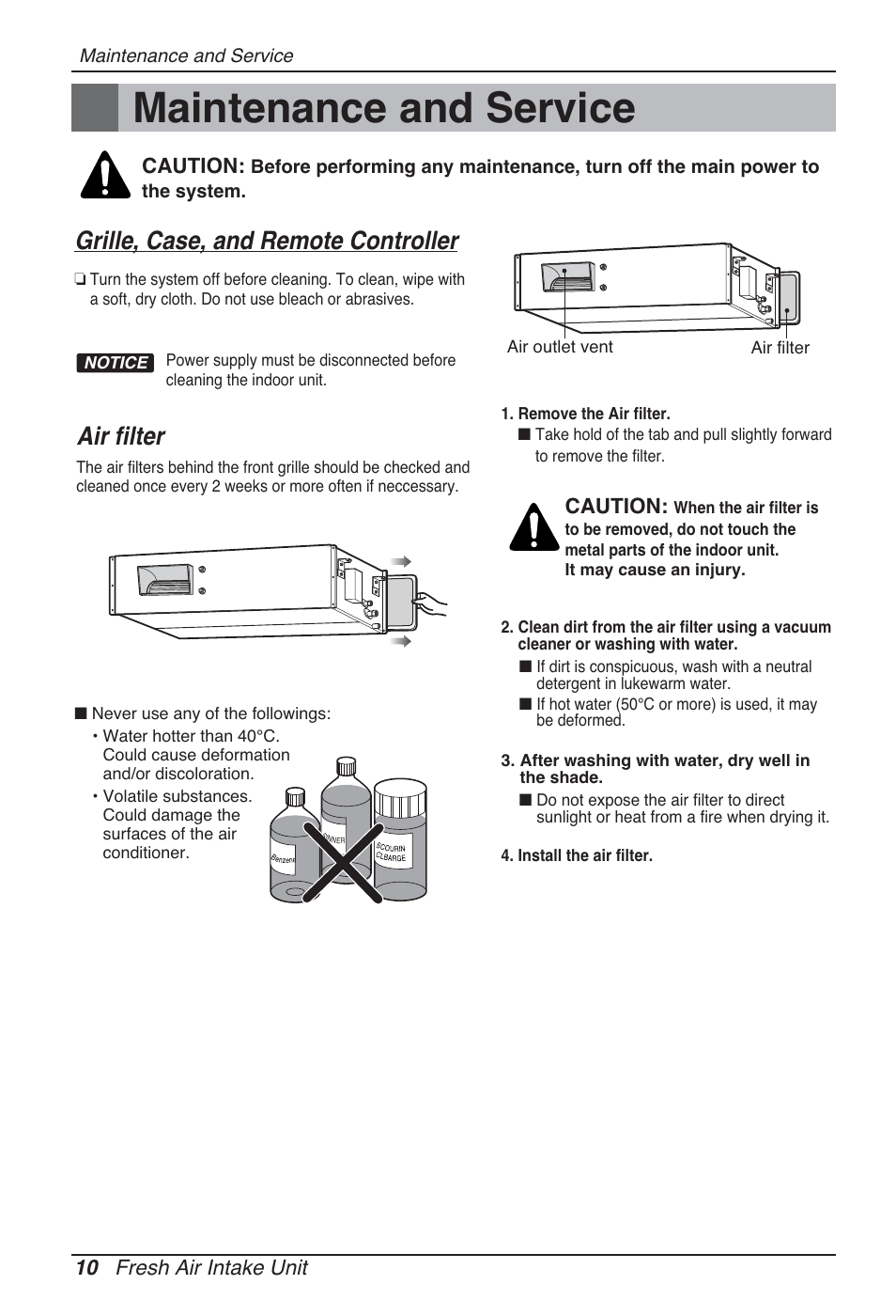 Maintenance and service, Grille, case, and remote controller, Air filter | 10 fresh air intake unit, Caution | LG ARNU96GB8Z2 User Manual | Page 10 / 229