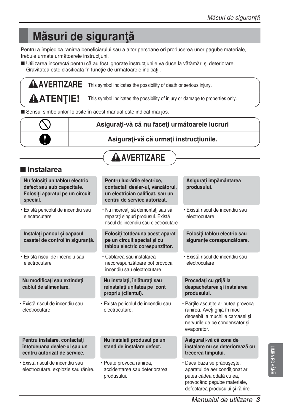 Măsuri de siguranţă, Avertizare atenţie, Avertizare | N instalarea | LG ARNU96GB8Z2 User Manual | Page 111 / 229