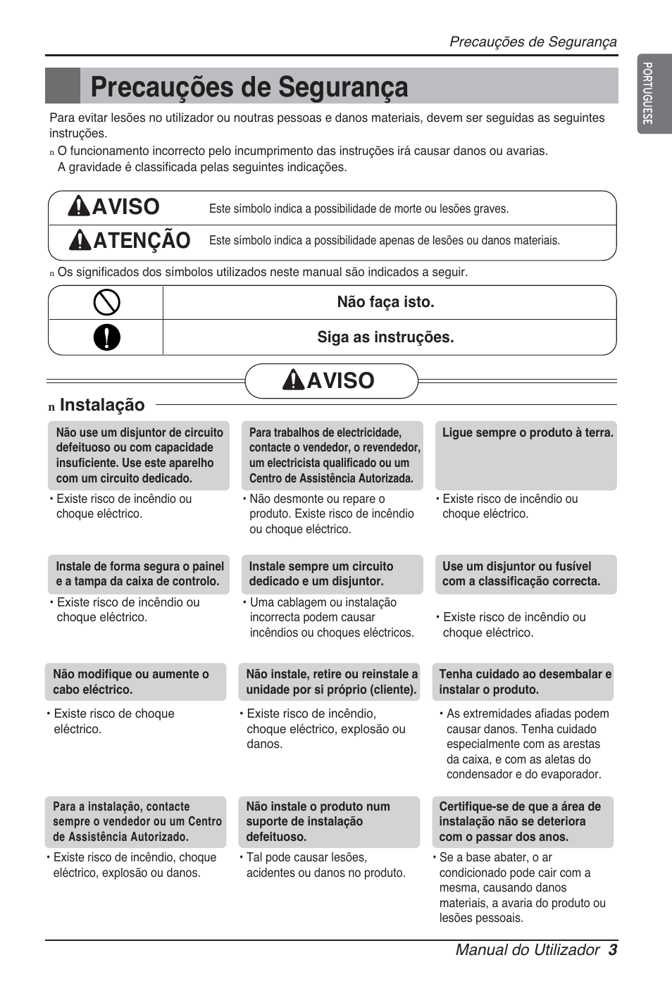 Precauções de segurança, Aviso atenção, Aviso | N instalação | LG ARNU96GB8Z2 User Manual | Page 123 / 229