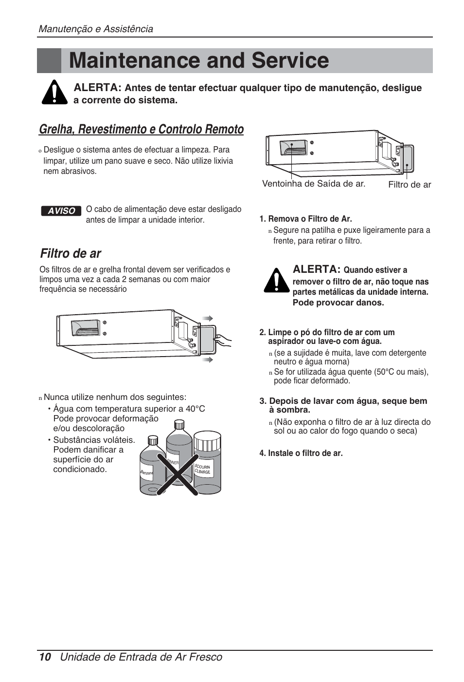 Maintenance and service, Grelha, revestimento e controlo remoto, Filtro de ar | 10 unidade de entrada de ar fresco, Alerta | LG ARNU96GB8Z2 User Manual | Page 130 / 229