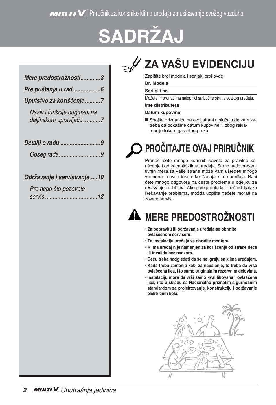 Sadržaj, Za vašu evidenciju, Pročitajte ovaj priručnik | Mere predostrožnosti | LG ARNU96GB8Z2 User Manual | Page 158 / 229