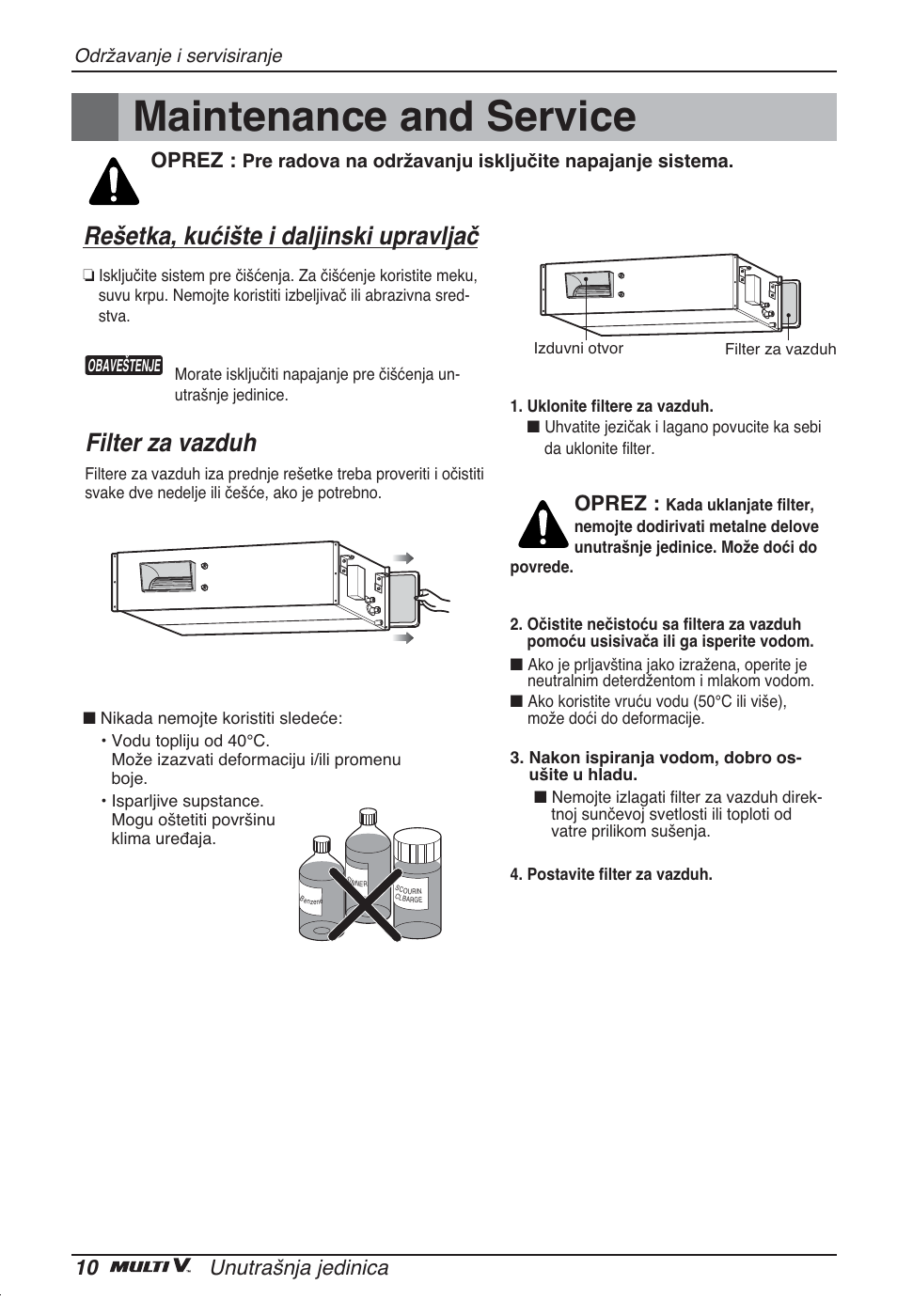 Maintenance and service, Rešetka, kućište i daljinski upravljač, Filter za vazduh | 10 unutrašnja jedinica, Oprez | LG ARNU96GB8Z2 User Manual | Page 166 / 229