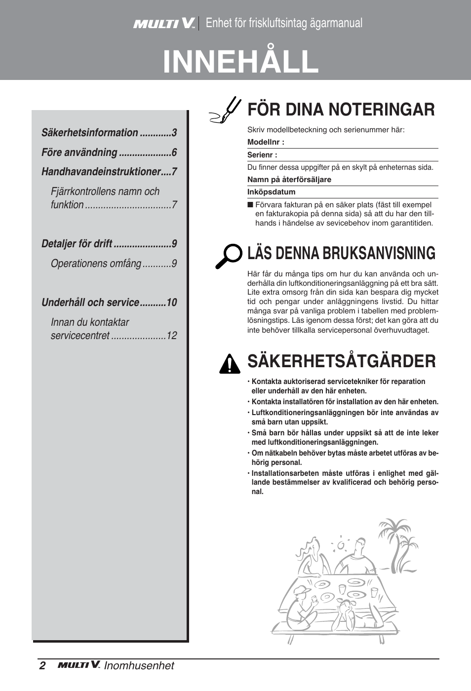 Innehåll, Läs denna bruksanvisning, Säkerhetsåtgärder | Enhet för friskluftsintag ägarmanual | LG ARNU96GB8Z2 User Manual | Page 182 / 229