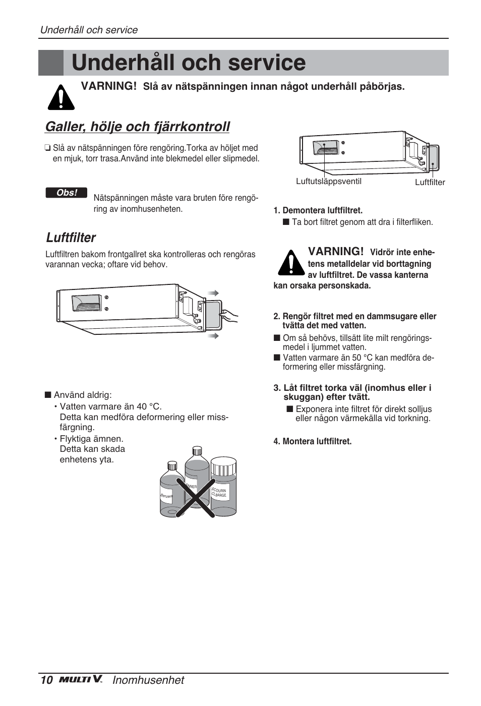 Underhåll och service, Galler, hölje och fjärrkontroll, Luftfilter | 10 inomhusenhet, Varning | LG ARNU96GB8Z2 User Manual | Page 190 / 229