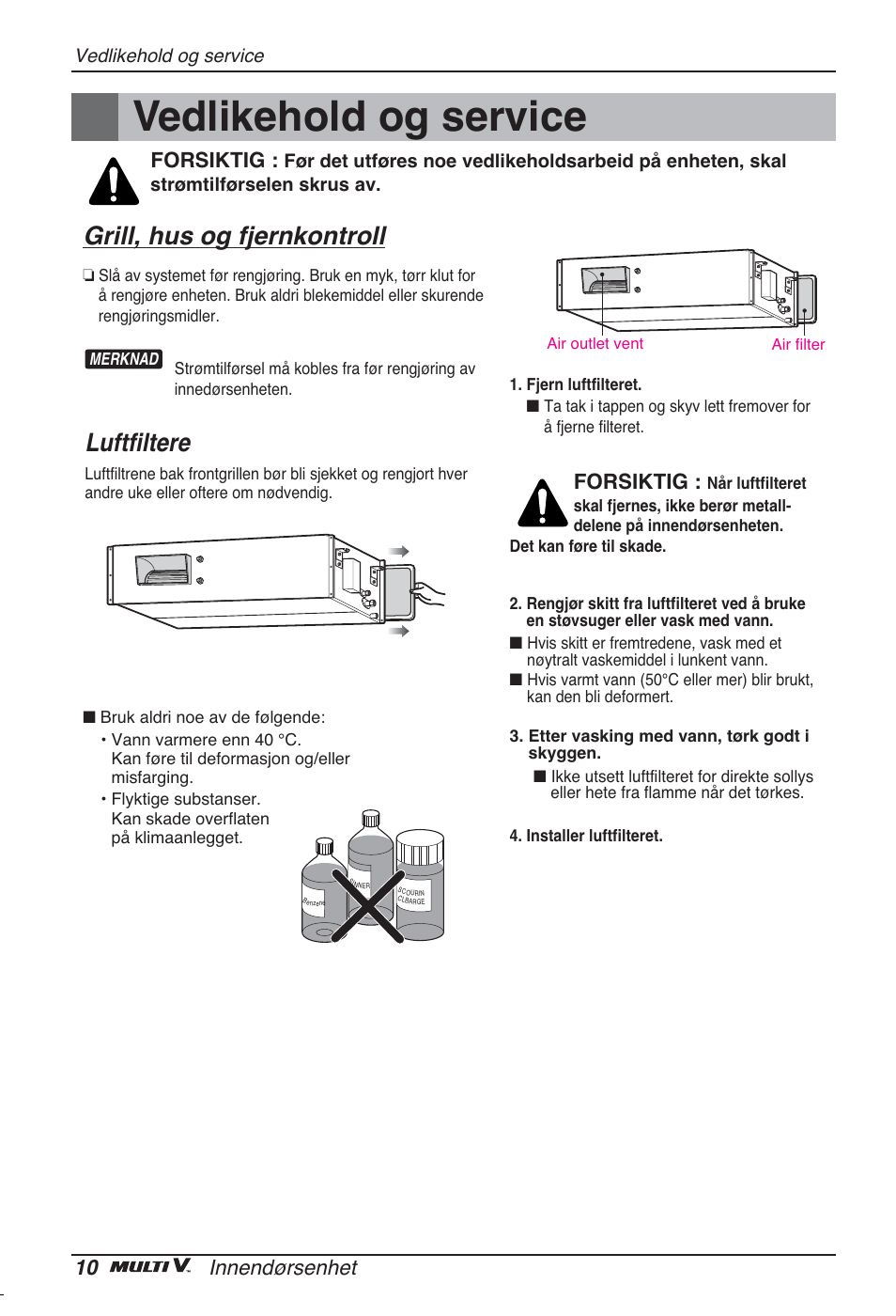 Vedlikehold og service, Grill, hus og fjernkontroll, Luftfiltere | 10 innendørsenhet, Forsiktig | LG ARNU96GB8Z2 User Manual | Page 202 / 229