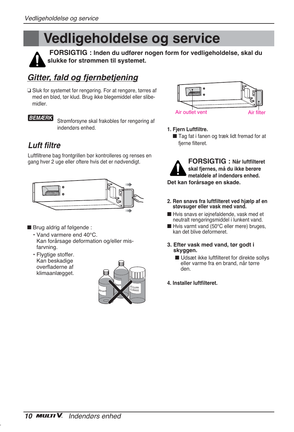 Vedligeholdelse og service, Gitter, fald og fjernbetjening, Luft filtre | 10 indendørs enhed, Forsigtig | LG ARNU96GB8Z2 User Manual | Page 226 / 229