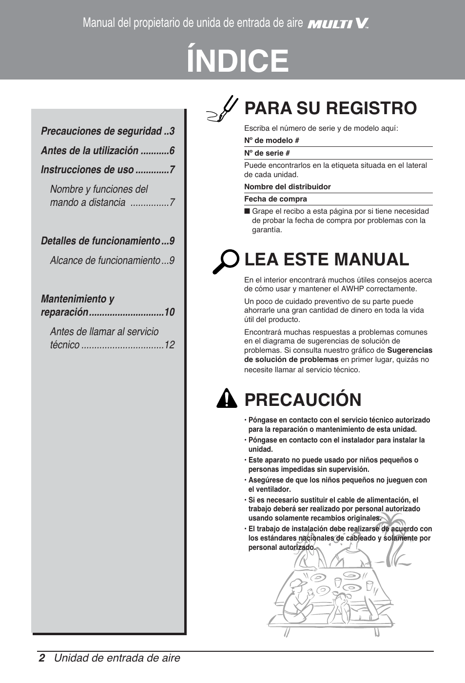 Índice, Para su registro, Lea este manual | Precaución, Manual del propietario de unida de entrada de aire | LG ARNU96GB8Z2 User Manual | Page 26 / 229