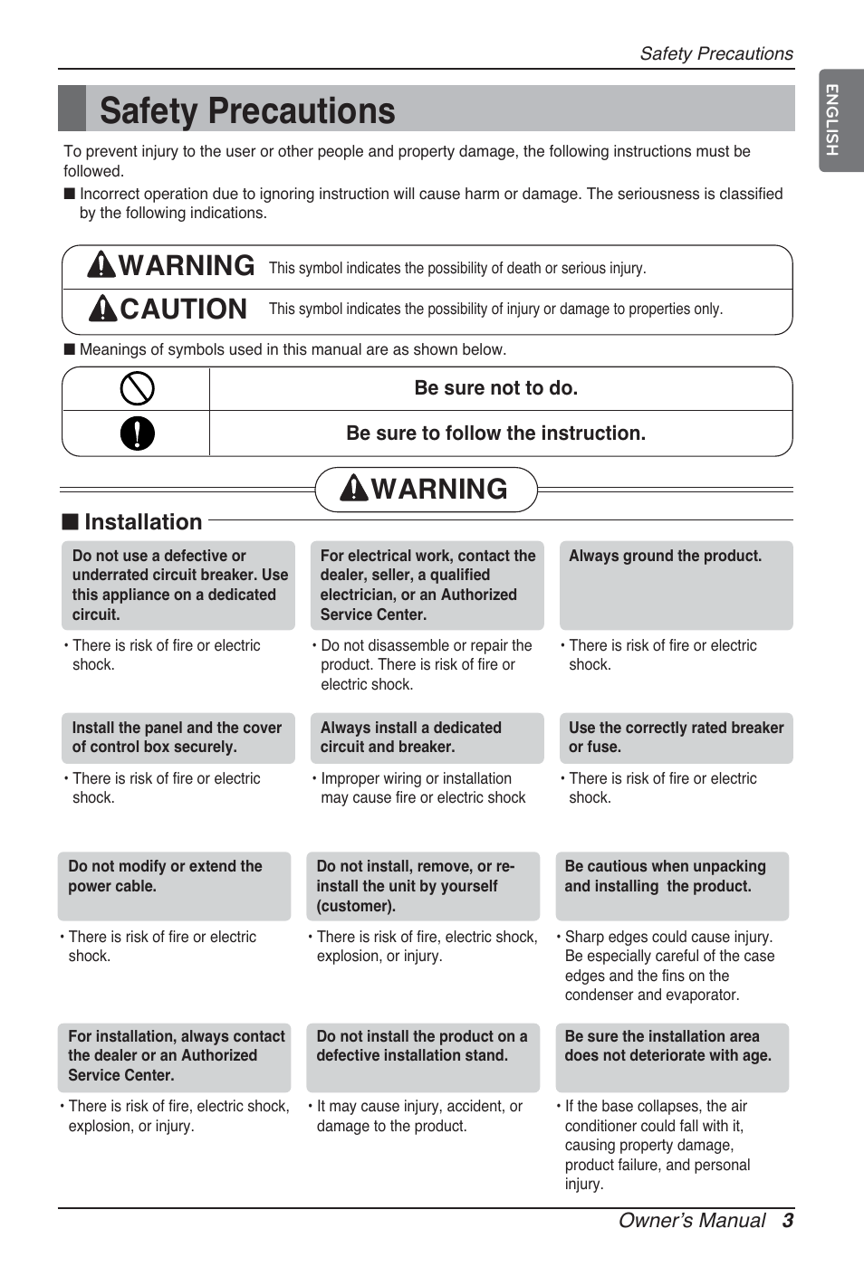 Safety precautions, Warning caution, Warning | N installation | LG ARNU96GB8Z2 User Manual | Page 3 / 229