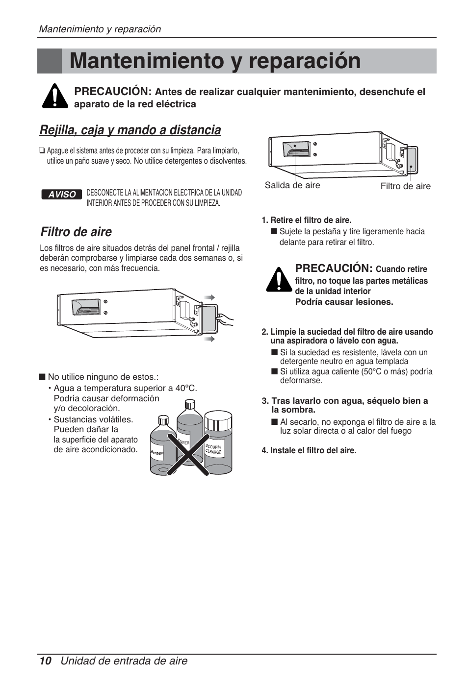 Mantenimiento y reparación, Rejilla, caja y mando a distancia, Filtro de aire | 10 unidad de entrada de aire, Precaución | LG ARNU96GB8Z2 User Manual | Page 34 / 229