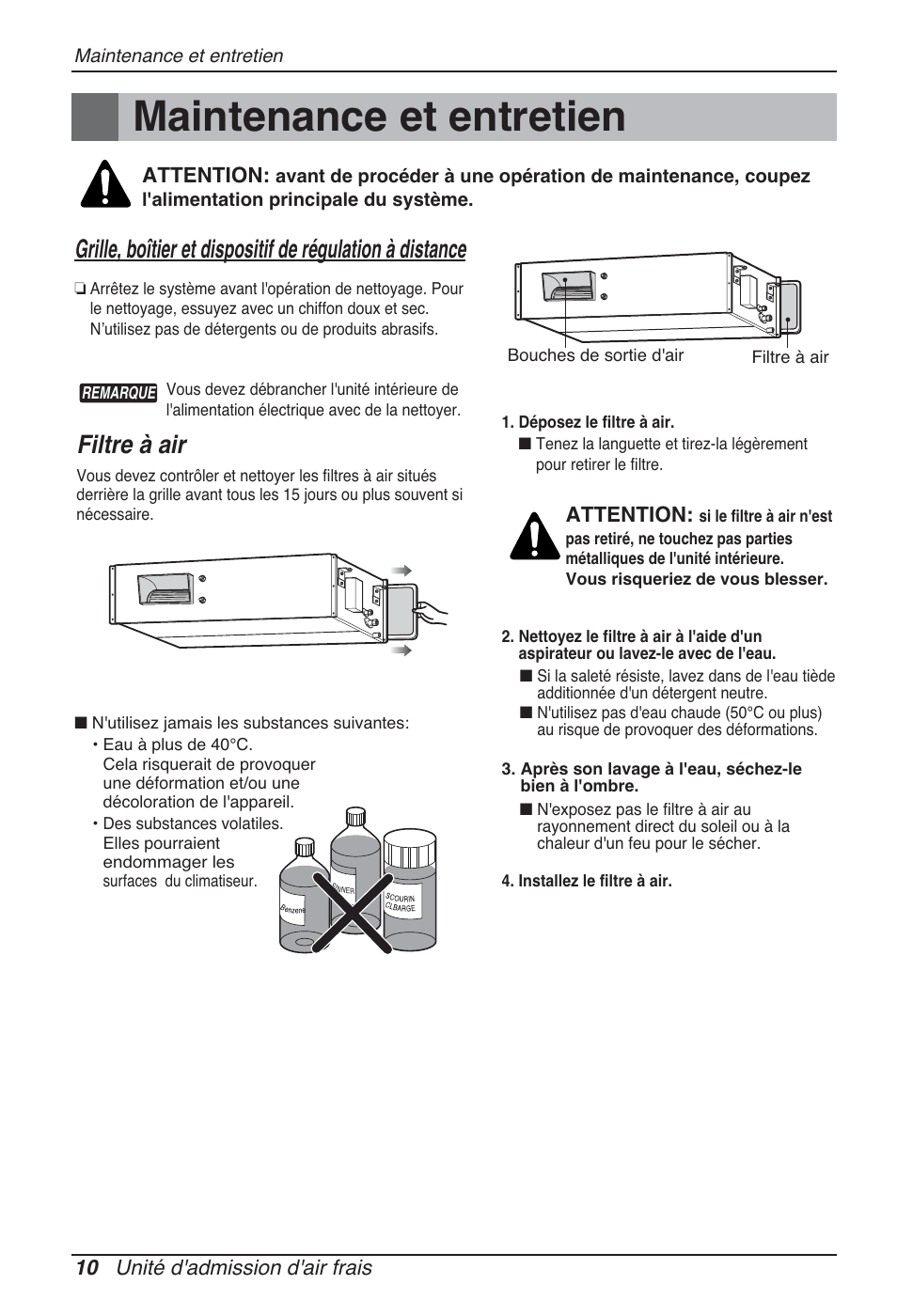 Maintenance et entretien, Filtre à air, 10 unité d'admission d'air frais | Attention | LG ARNU96GB8Z2 User Manual | Page 46 / 229