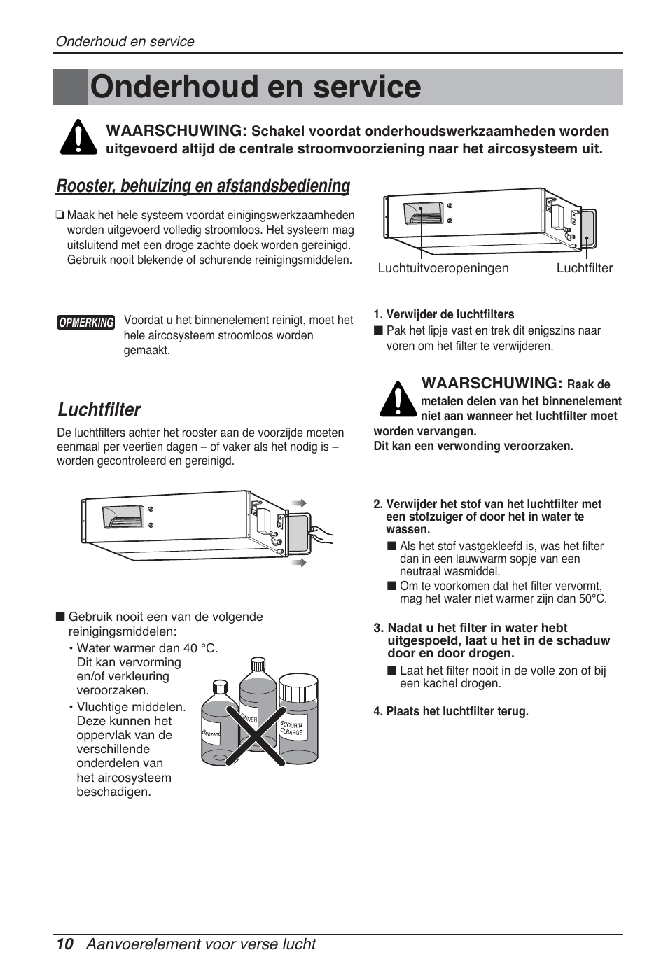 Onderhoud en service, Rooster, behuizing en afstandsbediening, Luchtfilter | 10 aanvoerelement voor verse lucht, Waarschuwing | LG ARNU96GB8Z2 User Manual | Page 94 / 229