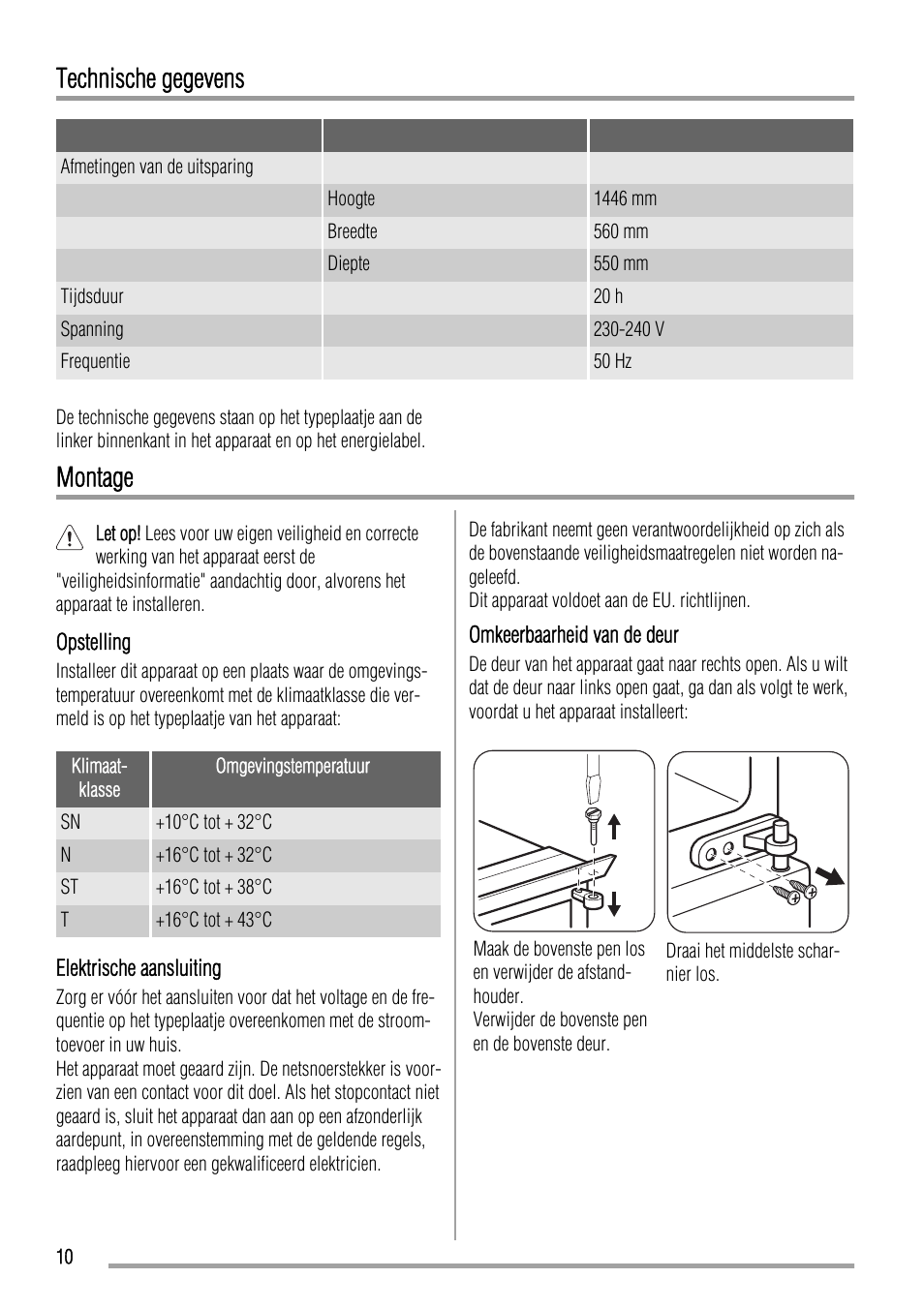 Technische gegevens, Montage | Zanussi ZBB24430SA User Manual | Page 10 / 52