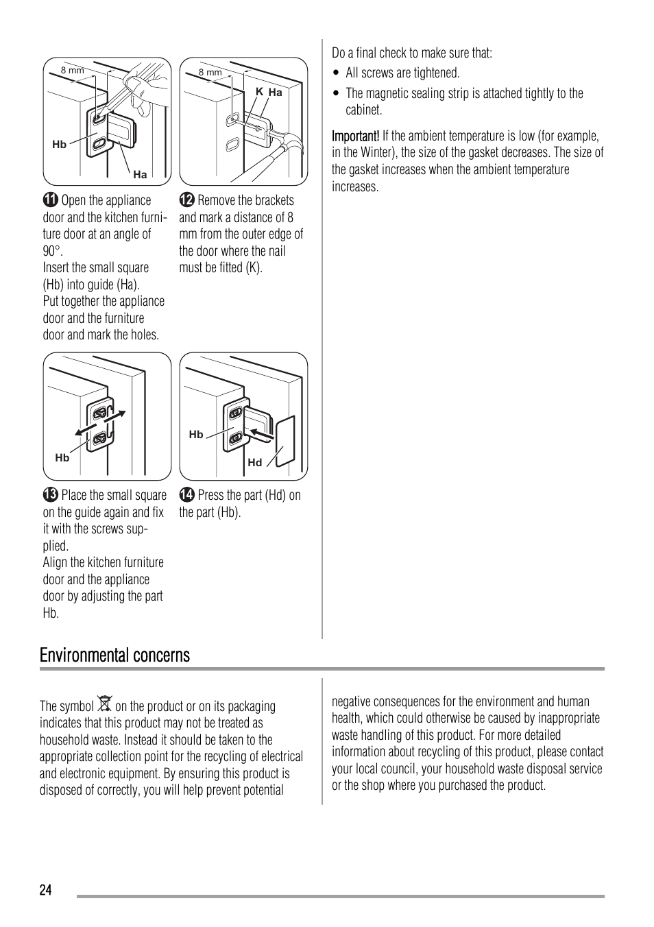 Environmental concerns | Zanussi ZBB24430SA User Manual | Page 24 / 52