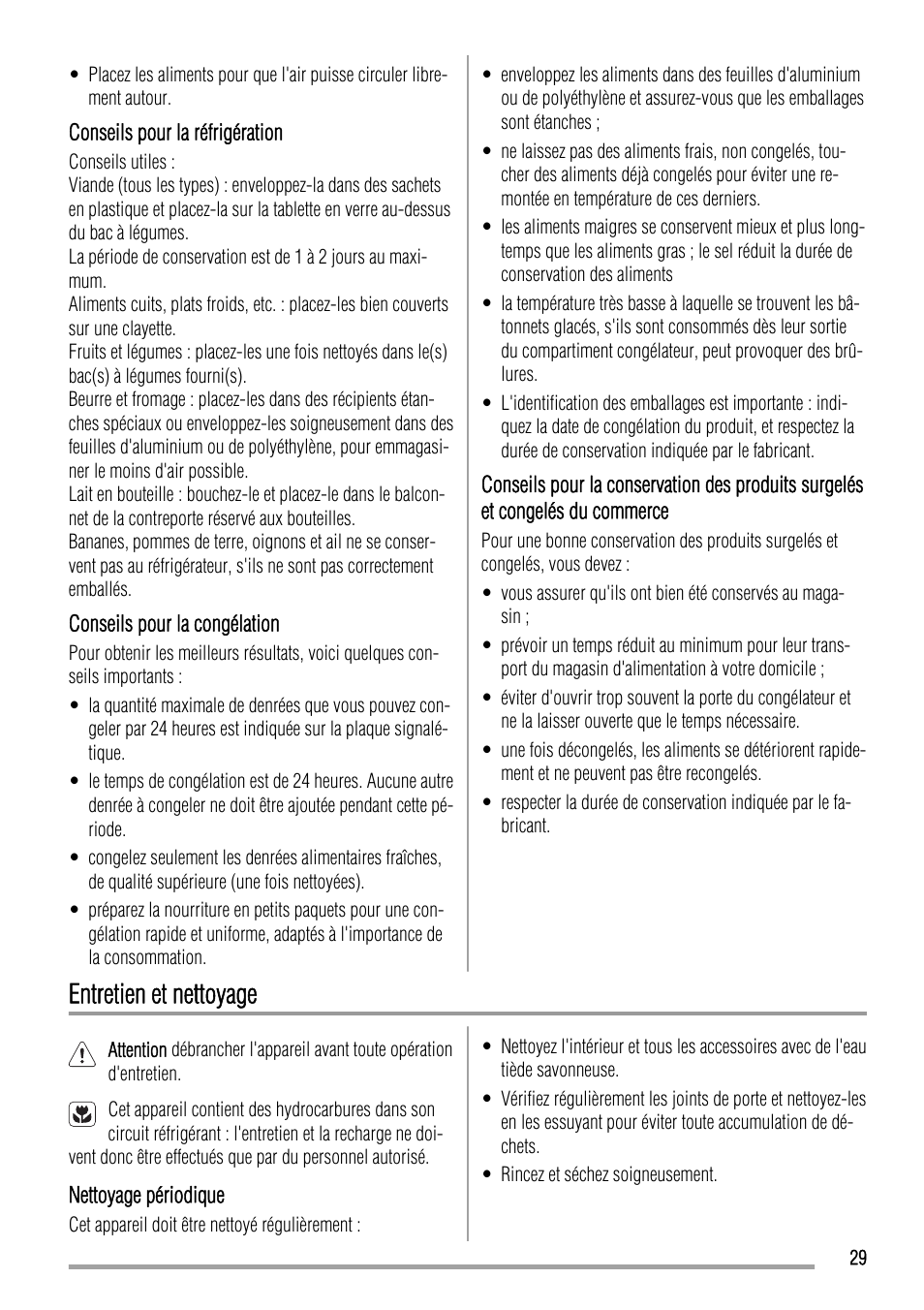 Entretien et nettoyage | Zanussi ZBB24430SA User Manual | Page 29 / 52