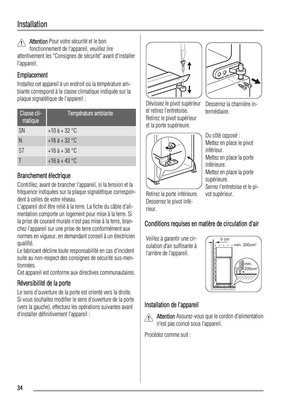 Installation | Zanussi ZBB24430SA User Manual | Page 34 / 52