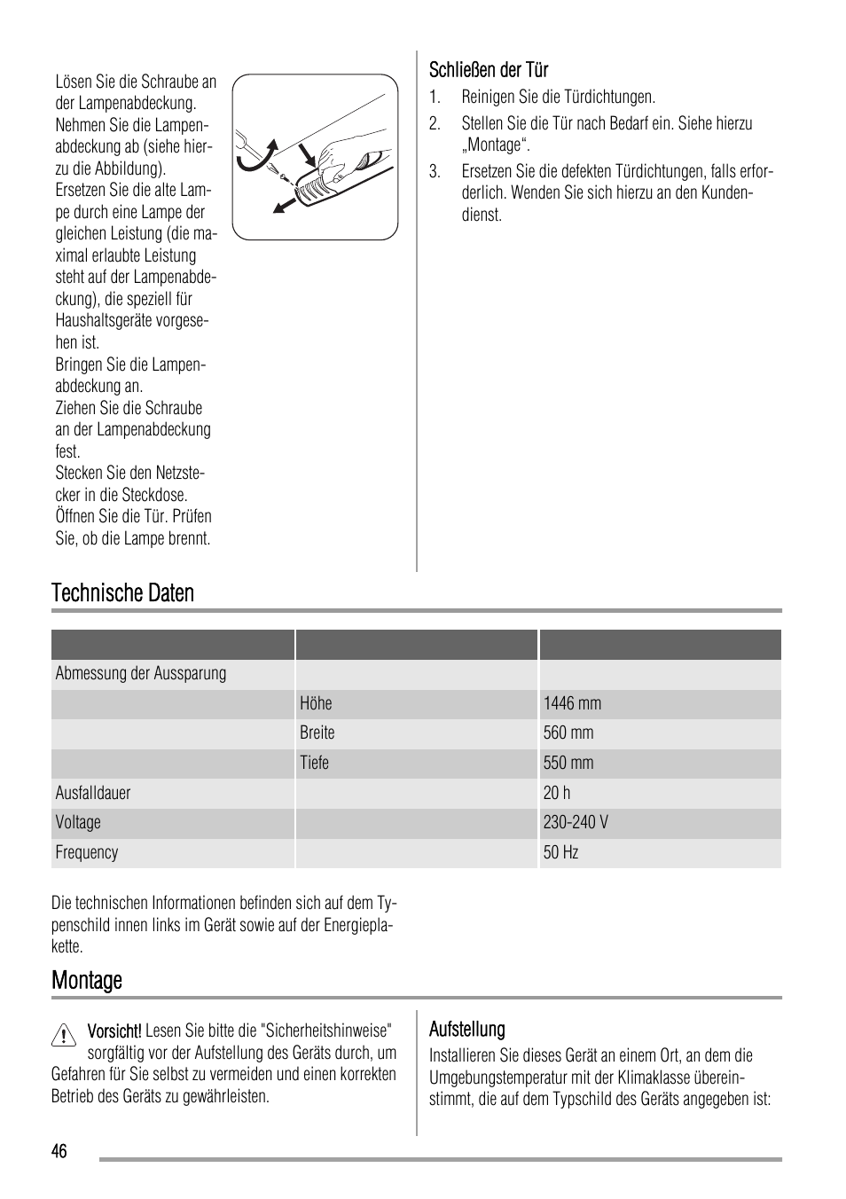 Technische daten, Montage | Zanussi ZBB24430SA User Manual | Page 46 / 52