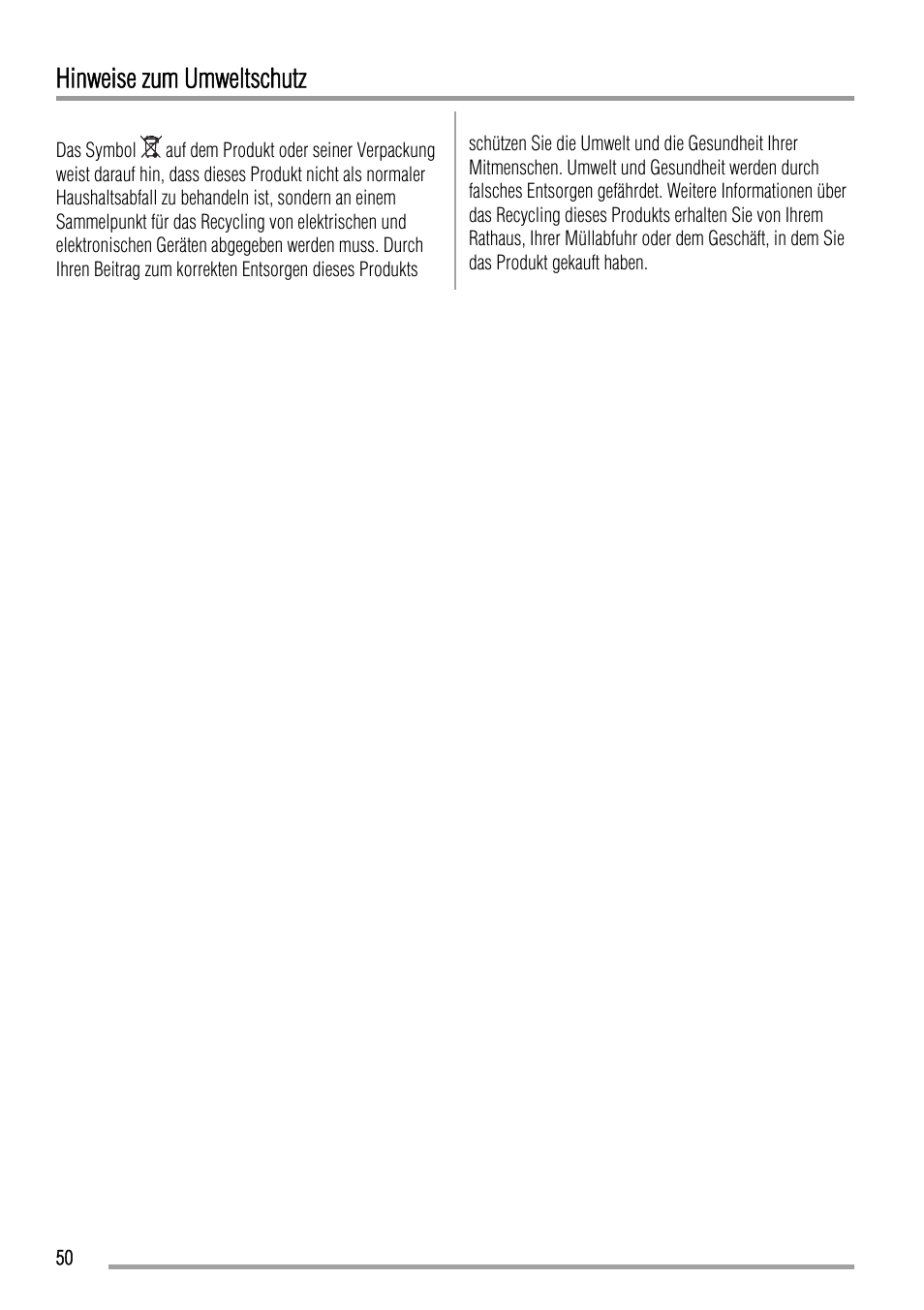 Hinweise zum umweltschutz | Zanussi ZBB24430SA User Manual | Page 50 / 52