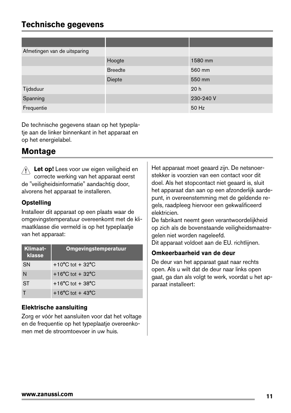 Technische gegevens, Montage | Zanussi ZBB25430SA User Manual | Page 11 / 60