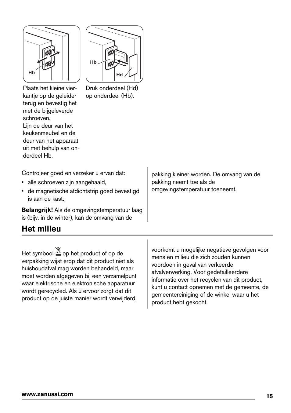 Het milieu | Zanussi ZBB25430SA User Manual | Page 15 / 60