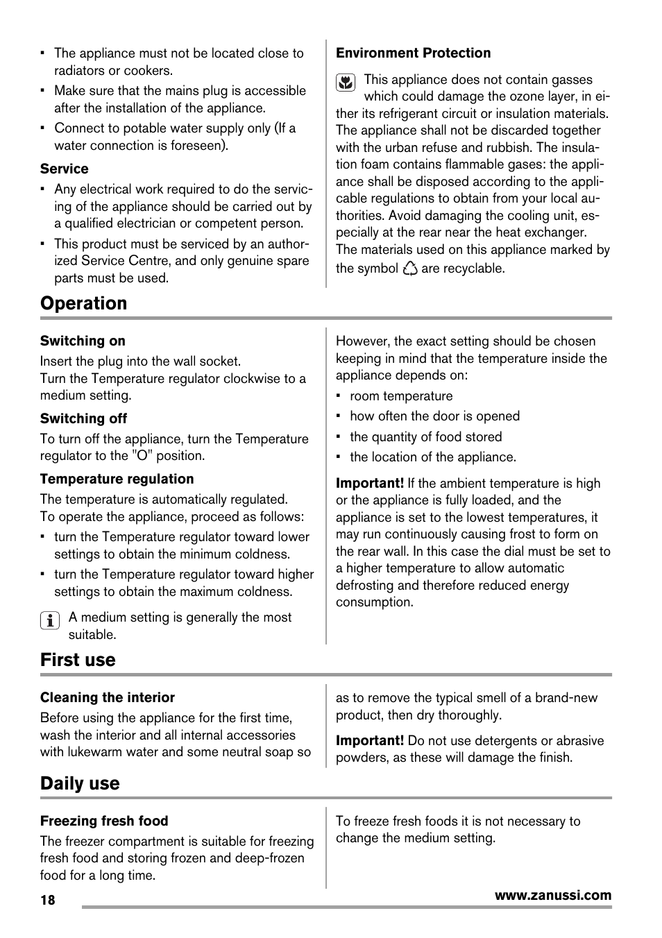 Operation, First use, Daily use | Zanussi ZBB25430SA User Manual | Page 18 / 60