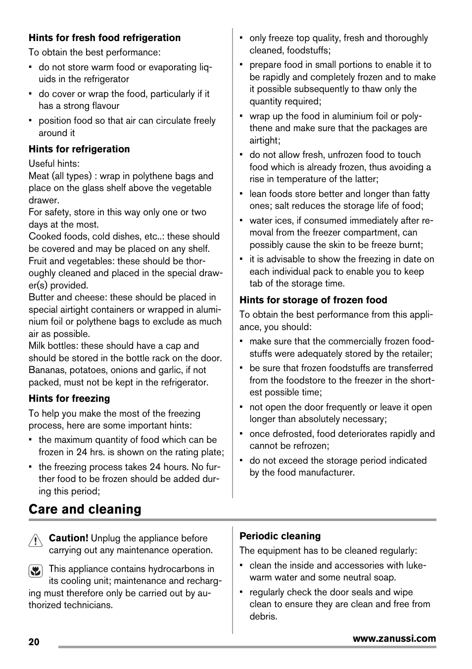 Care and cleaning | Zanussi ZBB25430SA User Manual | Page 20 / 60